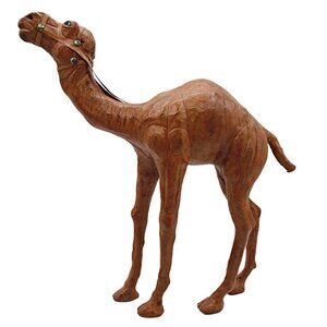 Leather Wrapped Camel Figurine 14" Dromedary Statue 1970s Vintage Brown Detailed